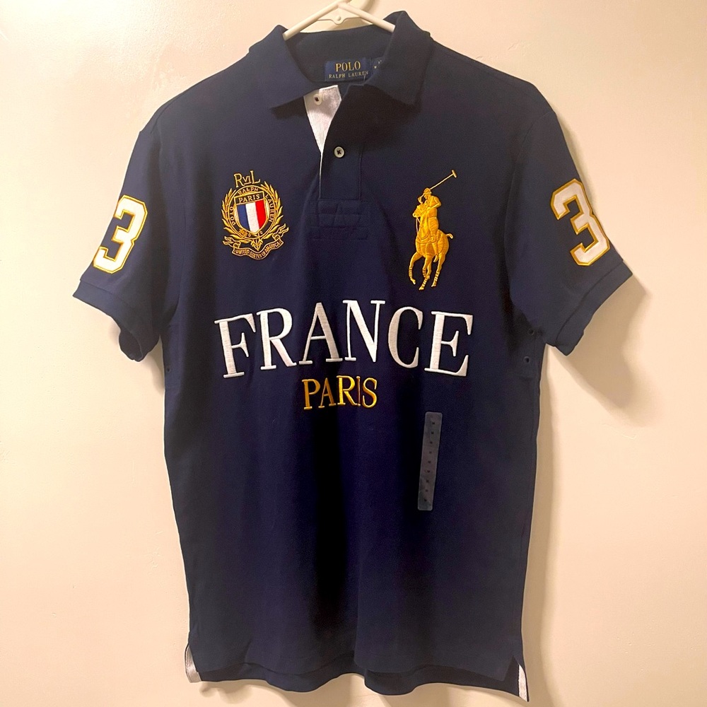 Polo Ralph Lauren Blue Custom #3 Paris France Big Pony Gold - Mens Sz M